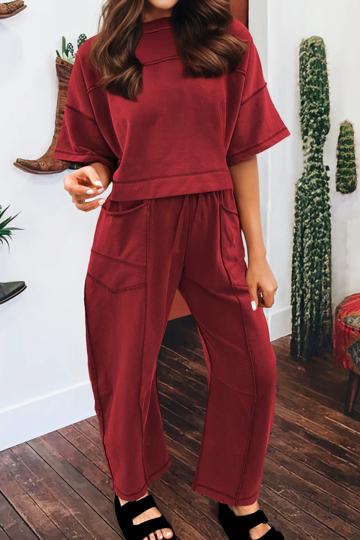 Drop Shoulder Crop Tee and Barrel Pants Set