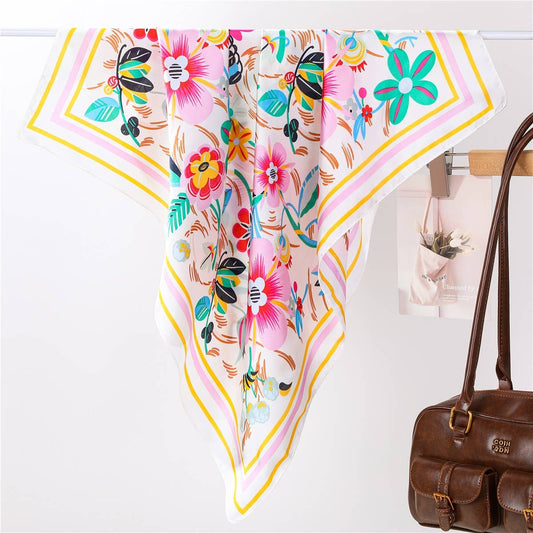 Scarf With Multi Color Floral Print Silk Feel On Ivory Background Modest Fashion