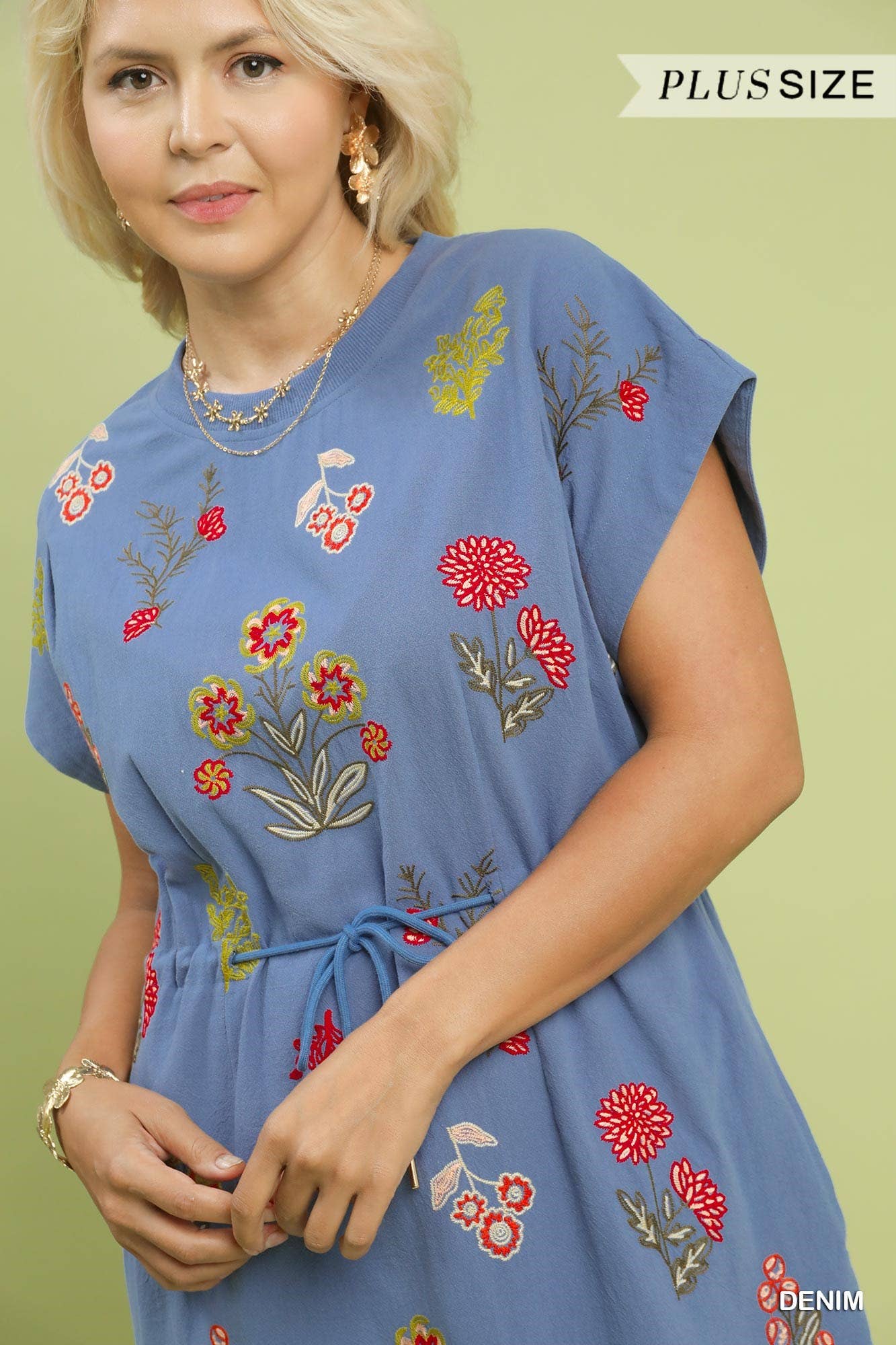 Plus Size Modest Dress Embroidered Multicolor Floral Mini With Waist Tie