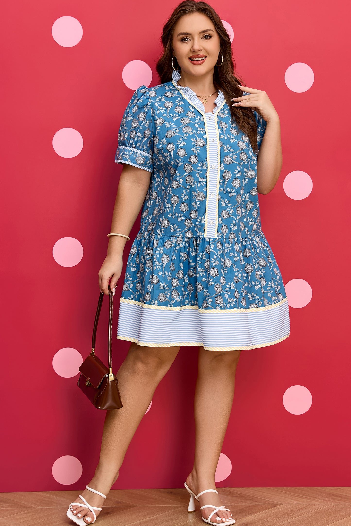 Blue Floral Print Striped Patchwork Detail Button Front Ruffle Hem Dress