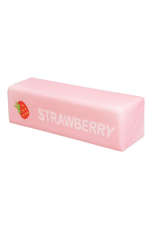 Butter-scented slow-rising foam squishy, 5-inch pink block with strawberry graphic and STRAWBERRY label