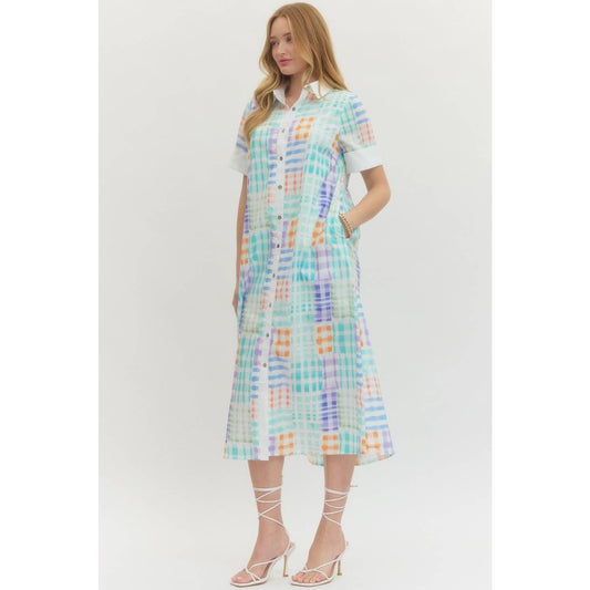 Midi Dress Modest With Collared Neckline And Button Front In Plaid Print