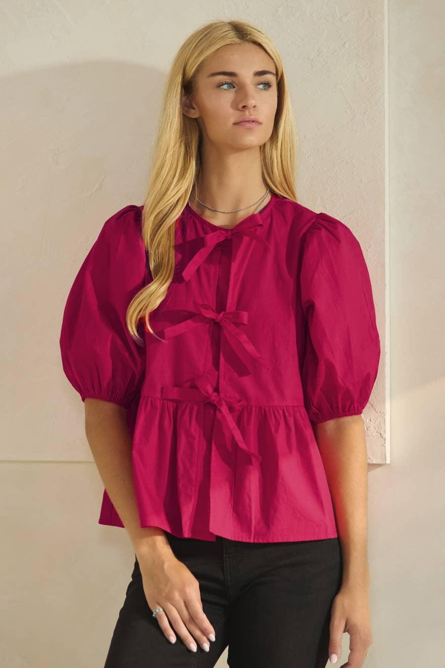 Poplin Front Tie Ribbon Peplum, Modest Puff Sleeve