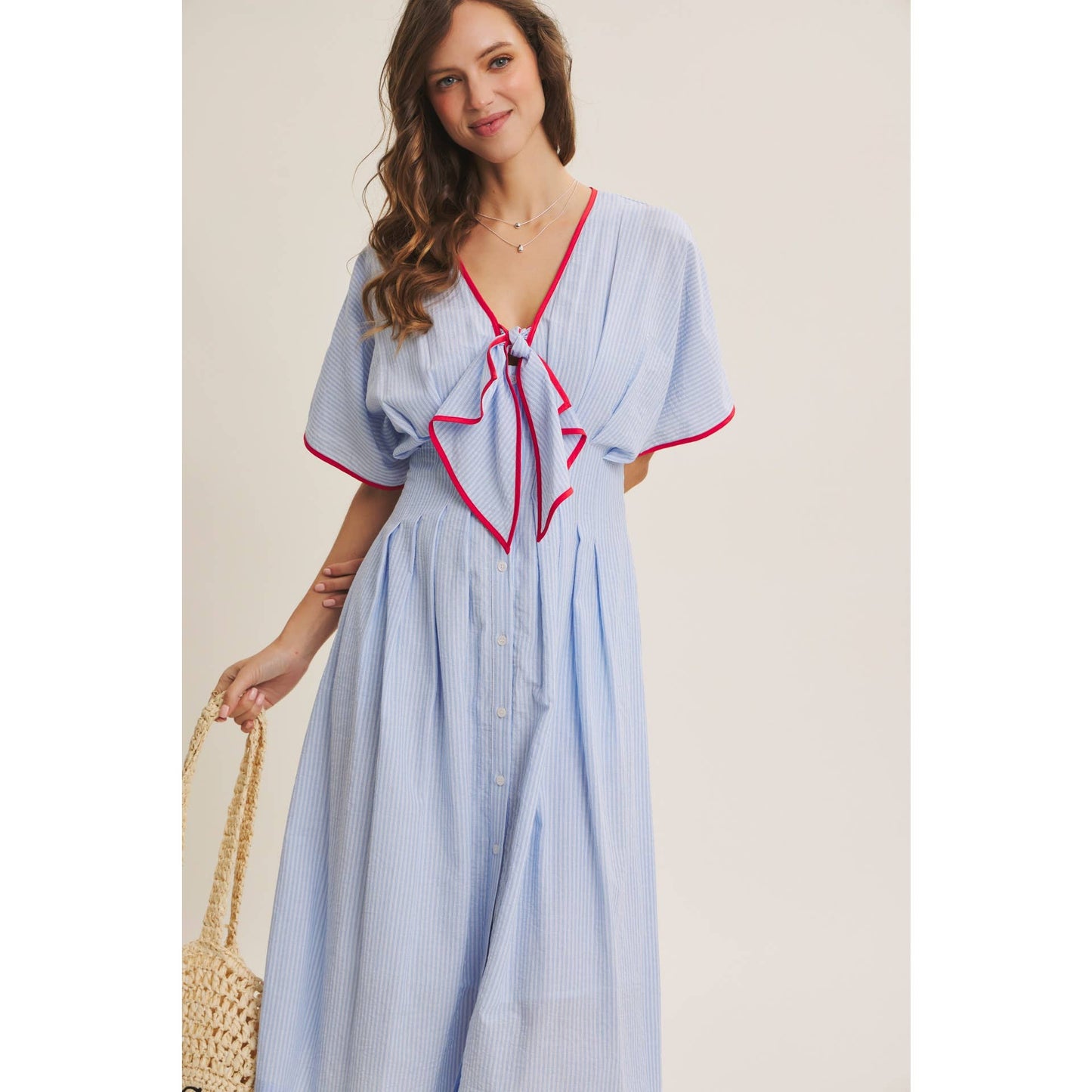 Midi Dress With Pleated Stripe Button Down Tie Modest Fashion Easter