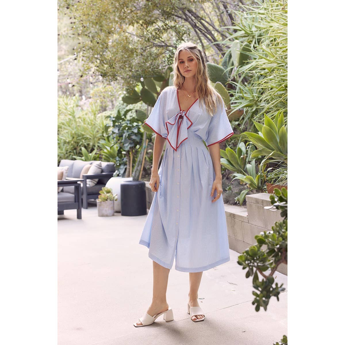 Midi Dress With Pleated Stripe Button Down Tie Modest Fashion Easter