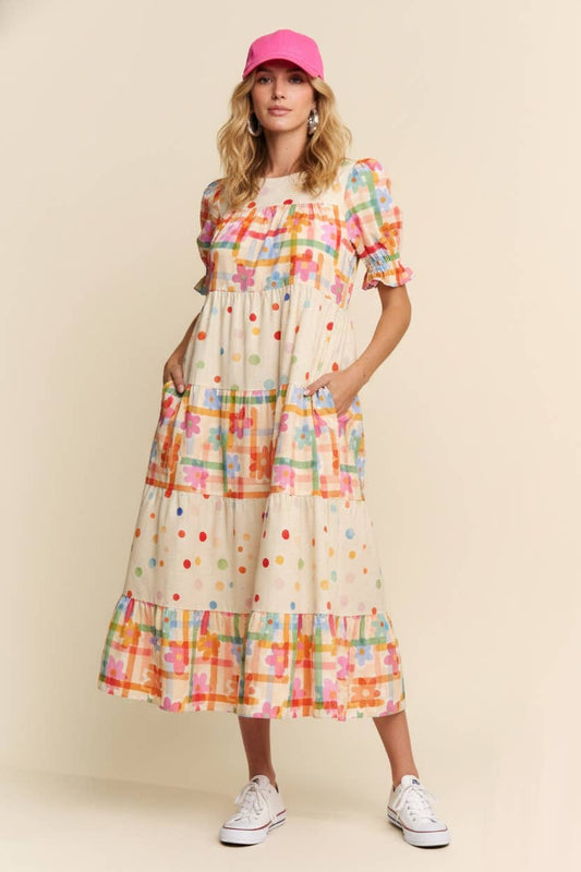 Maxi Dress - Modest Multicolor Floral Polka Dot With Pockets, 100 Percent Cotton