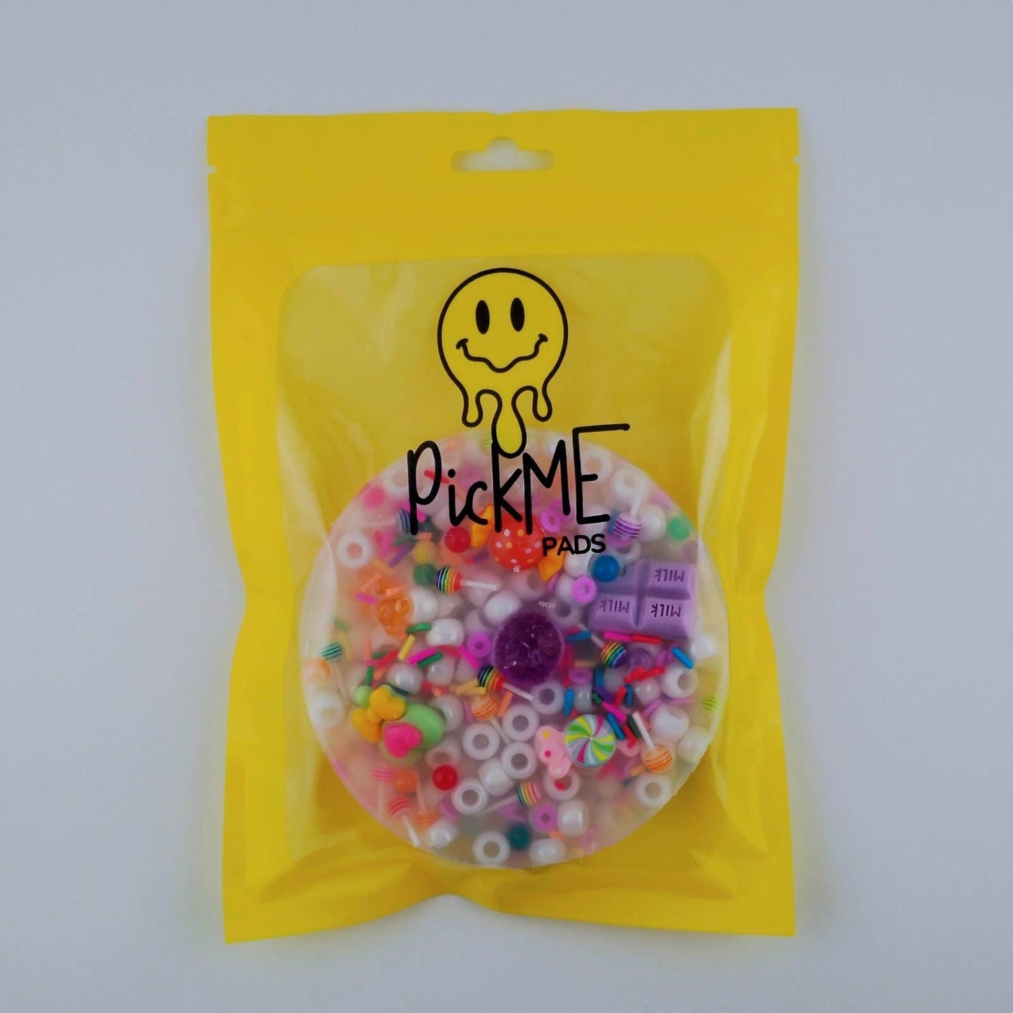Bright yellow Berry Lemonade Picking Pad packaging with a bead-filled window and smiley logo.