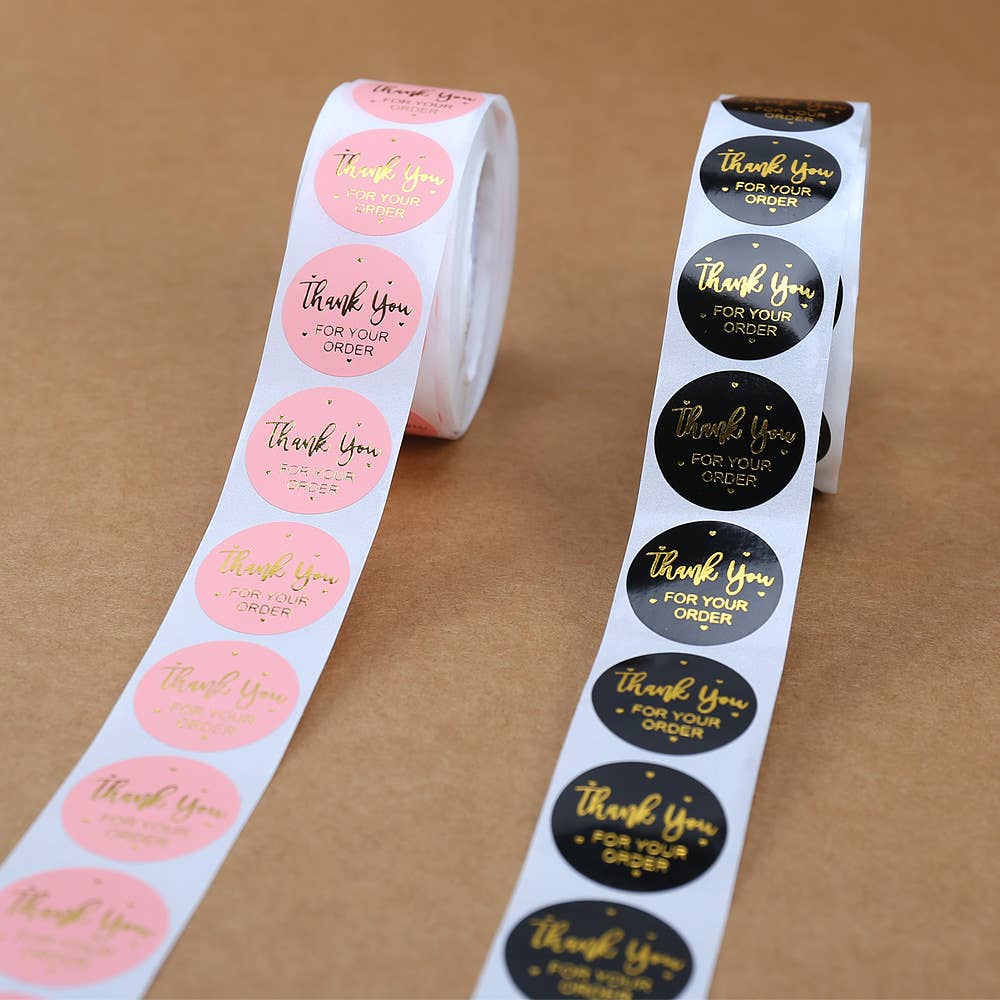 500pc, 1in Black Pink Circular Gold Heart THANK YOU Stickers