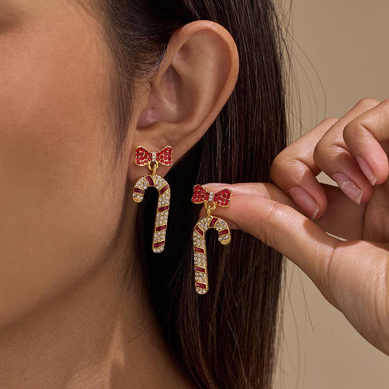 Crystal Bow & Rhinestone Candy Cane Drop Earrings | 40E558 - The Sensory