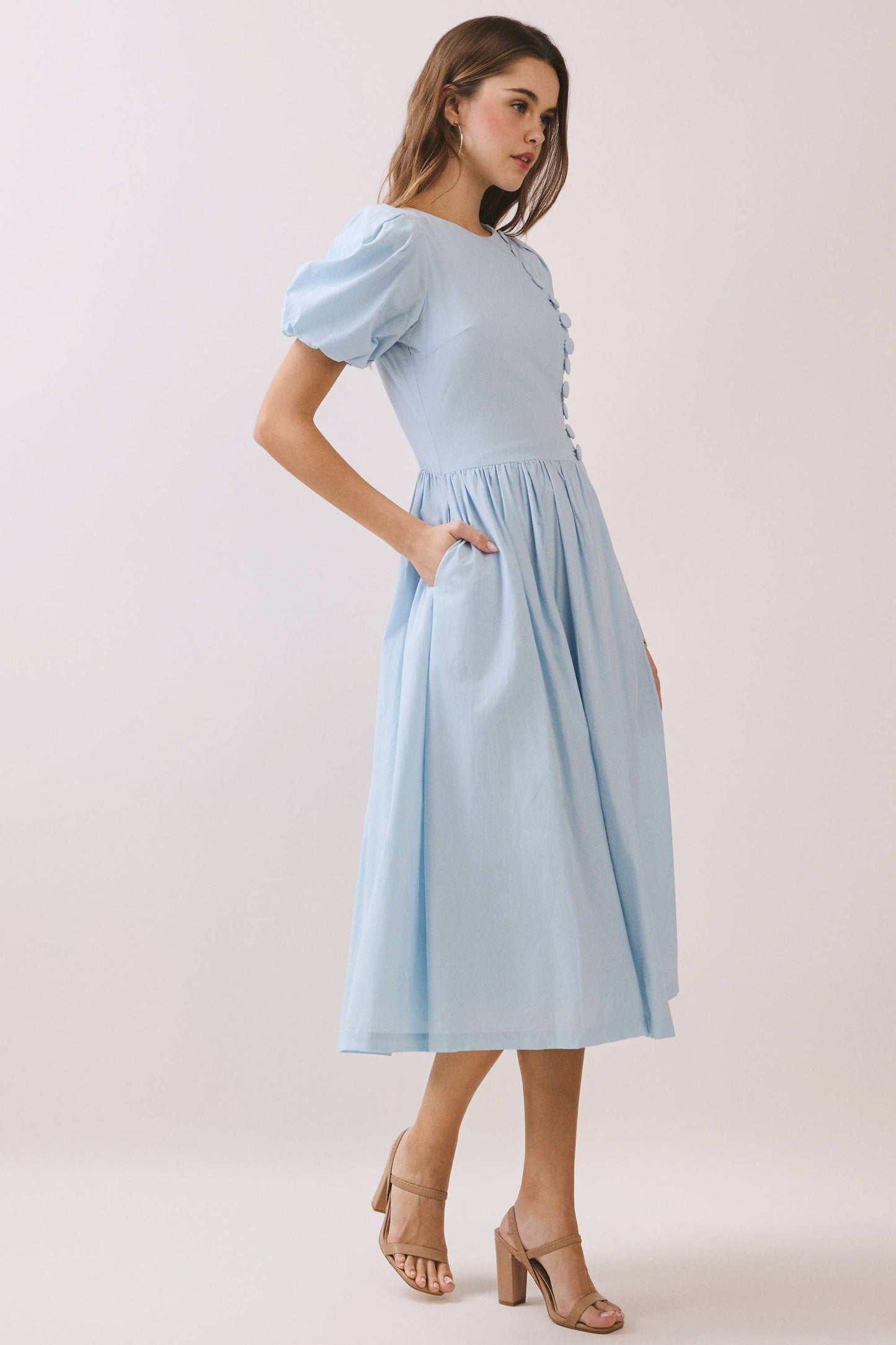 Puff Sleeve Midi Dress - The Sensory Modest Round-Neck Faux Button Front