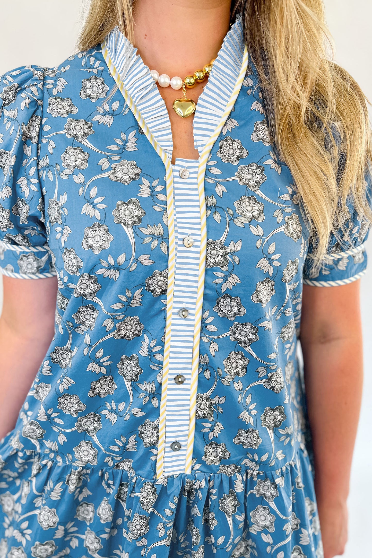 Blue Floral Print Striped Patchwork Detail Button Front Ruffle Hem Dress