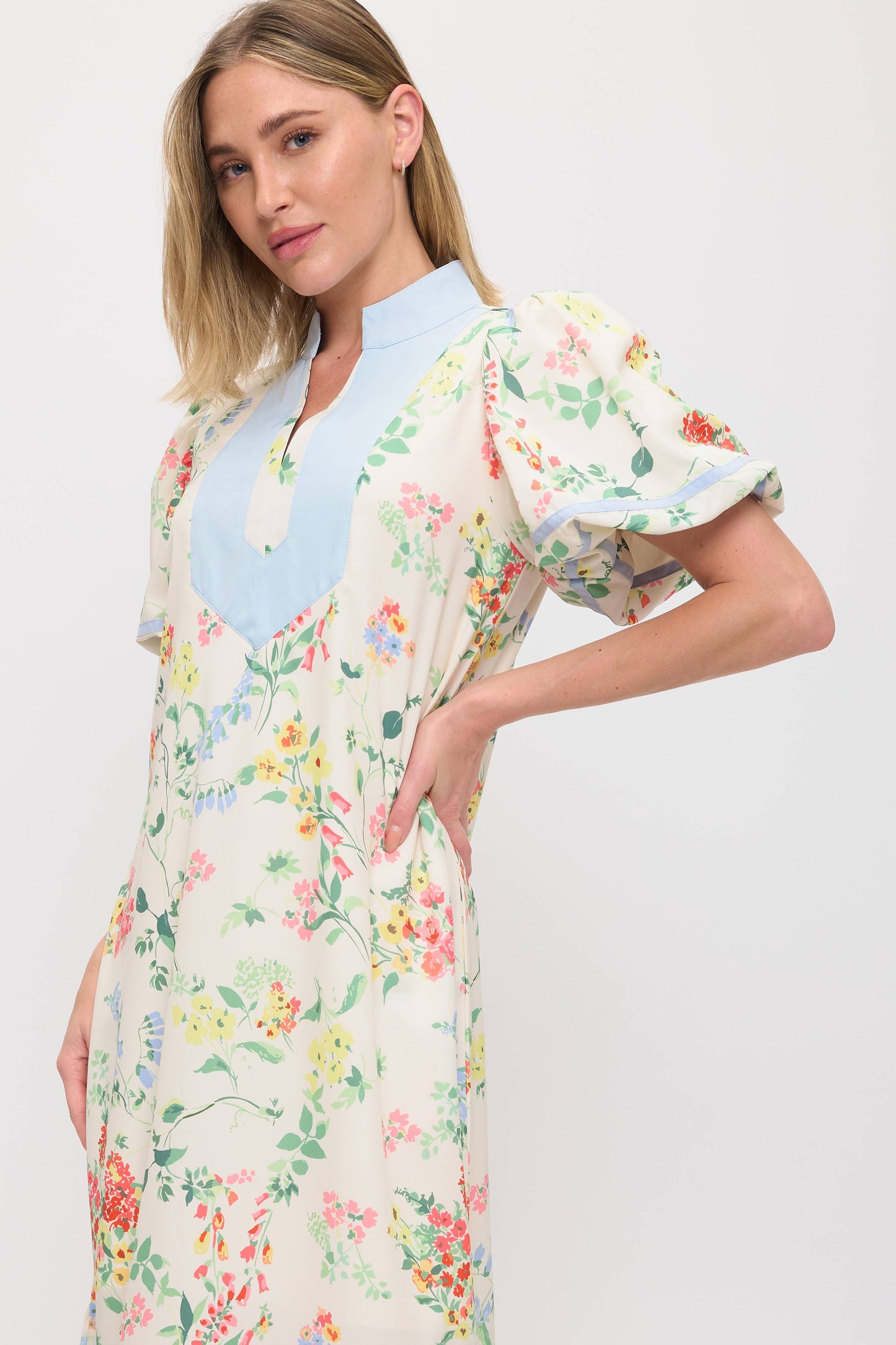 Trimmed Split Neck Line- Floral Maxi Dress - Puffed Sleeves - Restock Arrives April 4th