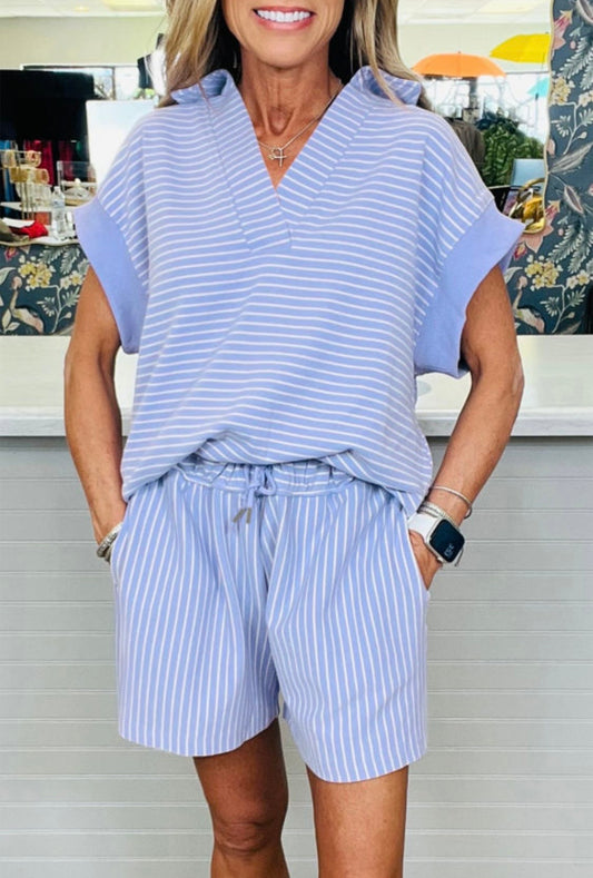 Two Piece Set The Sensory Modest Boxy Top Elastic Shorts Blue Harbor Stripe
