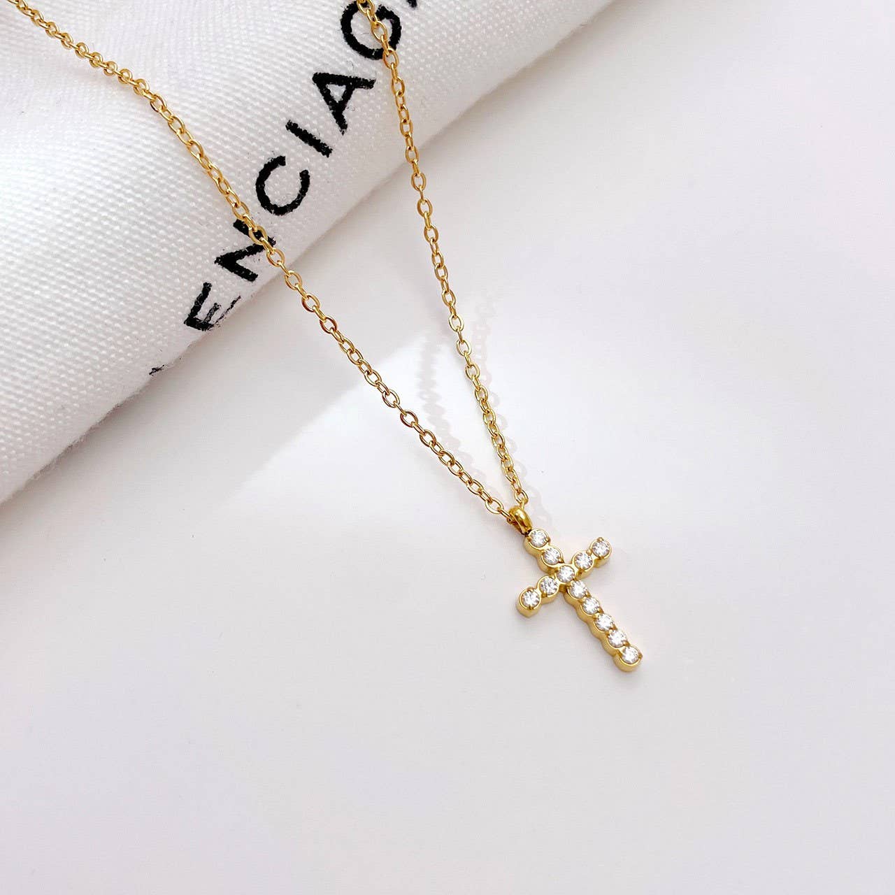 Cross Necklace 18K Gold Finish Tarnish Free Stainless Steel Rhinestone Pendant