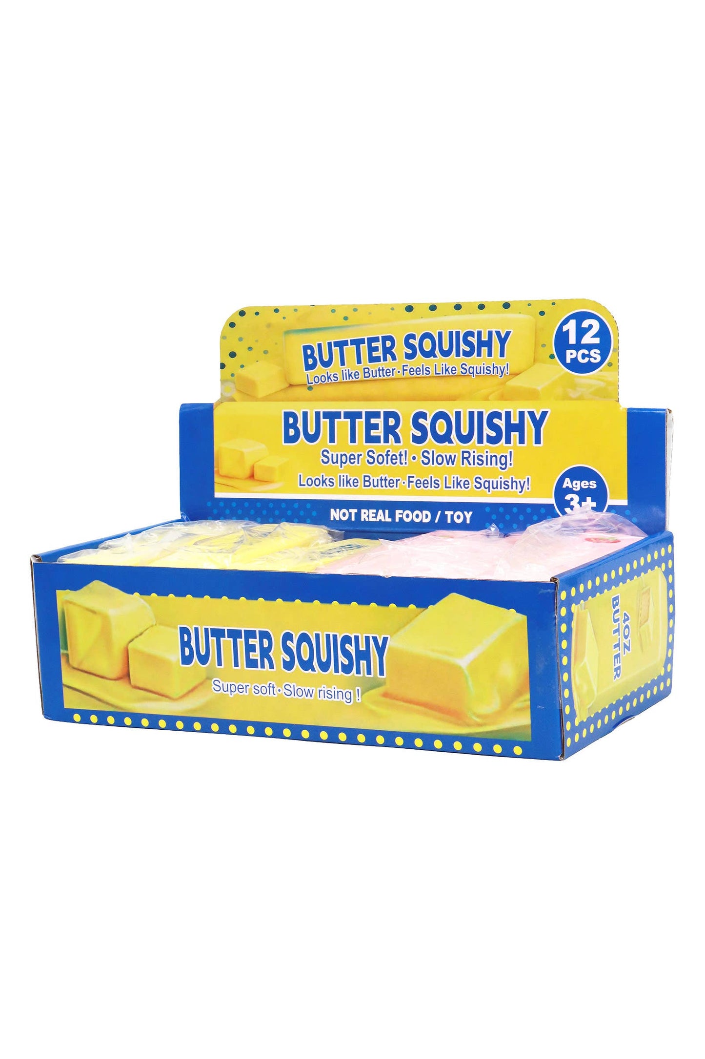 Butter Squishy foam toy set in yellow display box, 12 pieces, slow-rising desk stress relief.