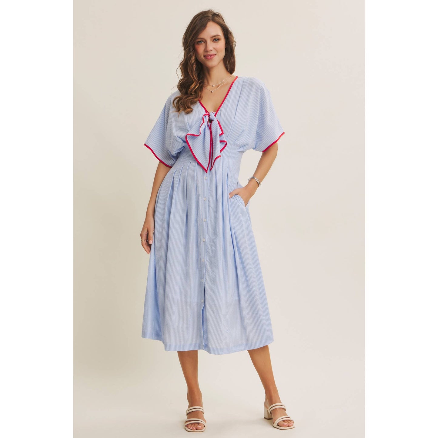 Midi Dress With Pleated Stripe Button Down Tie Modest Fashion Easter
