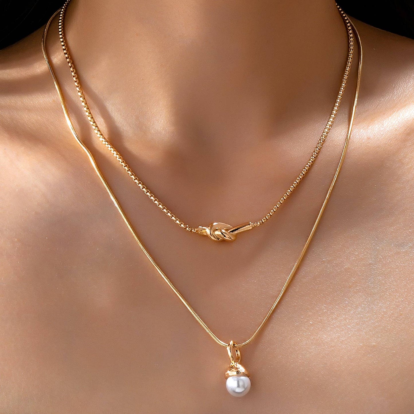 Layered Knot Necklace With Love Knot And Acorn Pendant For Gifts For Her