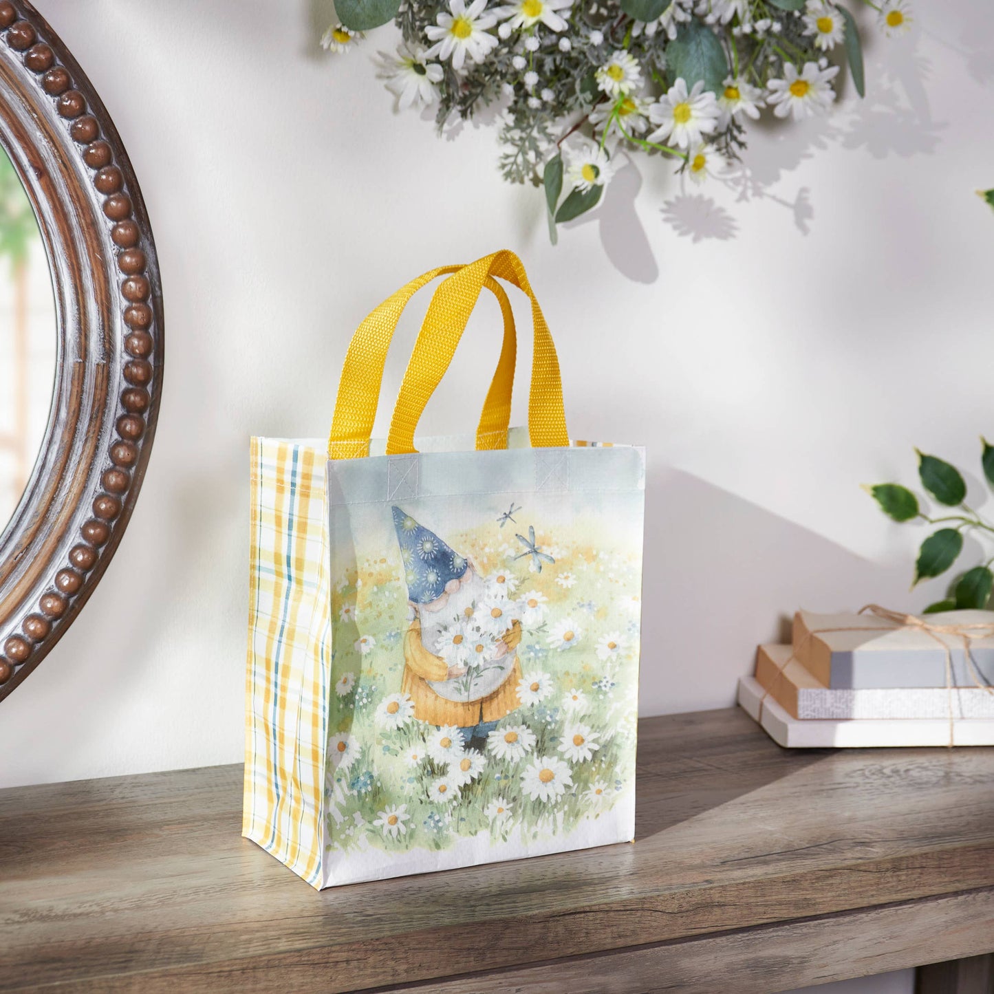 Tote Bag Daisy Gnome Garden Design With Hand Painted Plaid Gussets