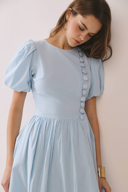 Puff Sleeve Midi Dress - The Sensory Modest Round-Neck Faux Button Front