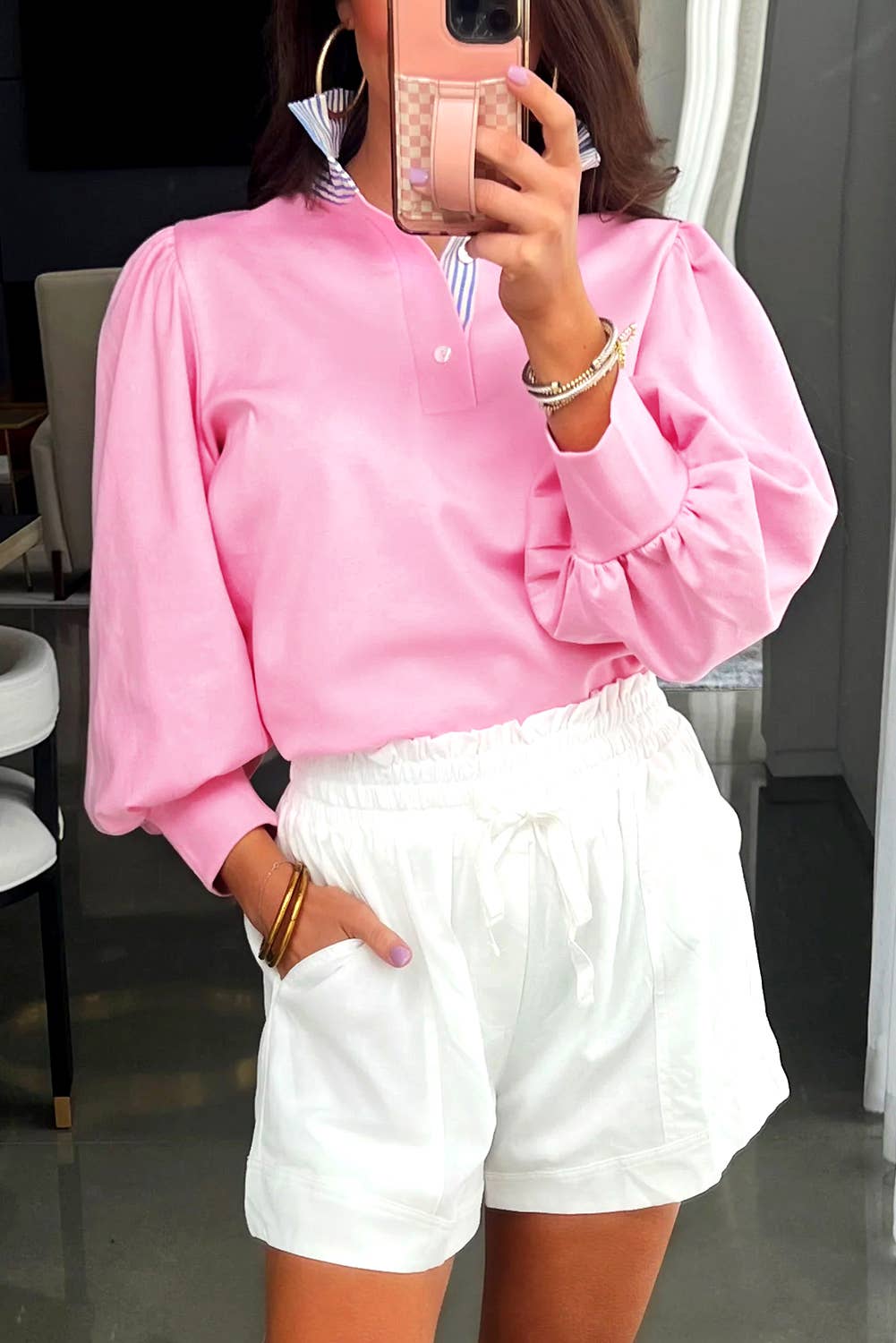 Preppy Buttoned Collar Puff Sleeve Blouse