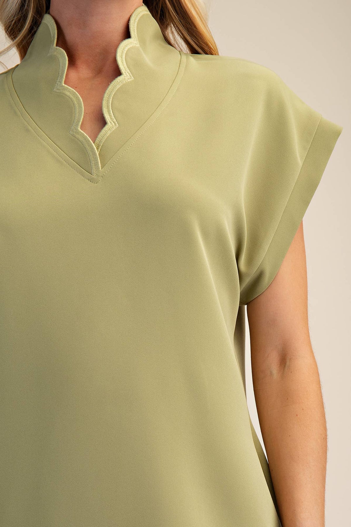 Mini Dress With Embroidered Scallop Trim V Neck And Hem Cap Sleeves - Super Cute - The Sensory