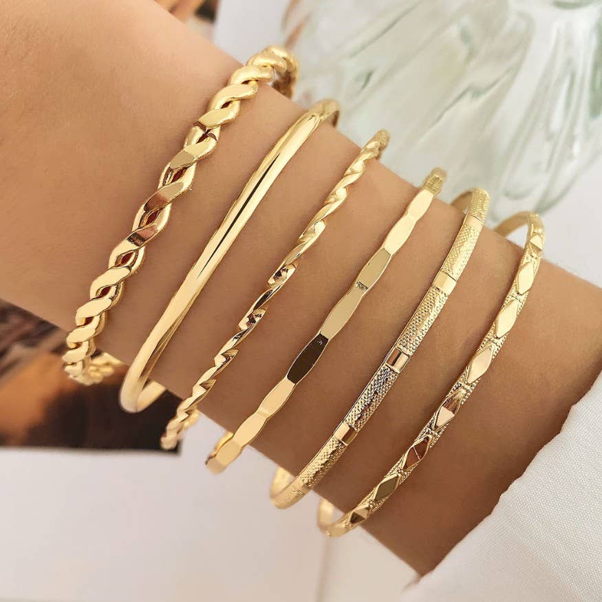 Gold Layered Bangle Set - Mixed Texture Stack | 40B5238 - The Sensory