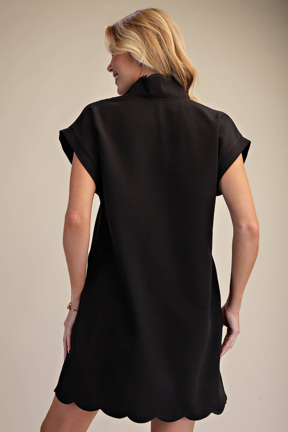 Mini Dress With Embroidered Scallop Trim V Neck And Hem Cap Sleeves - Super Cute - The Sensory