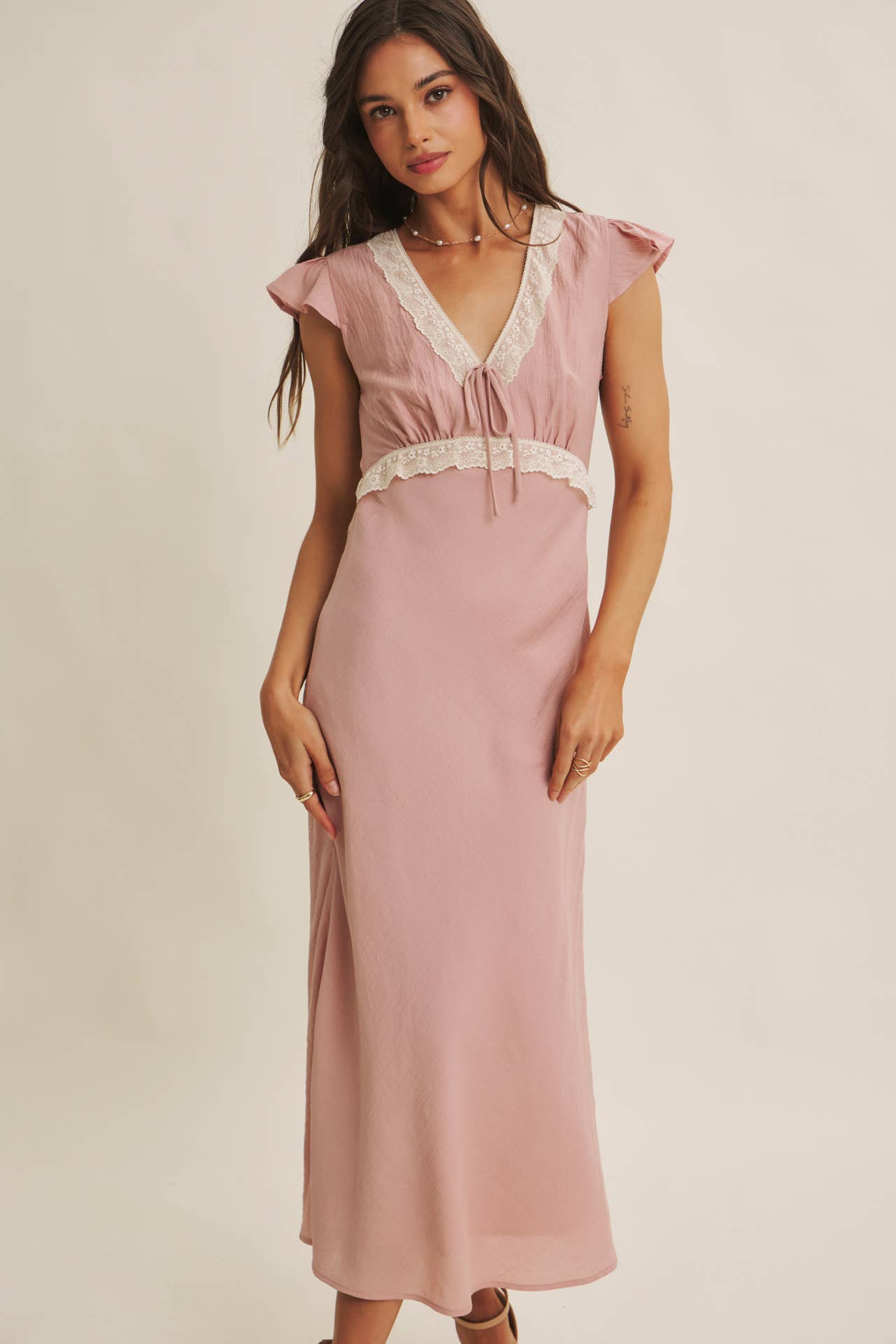 Midi Dress With Lace Trim Slim Fit Waist- Restock March 21st