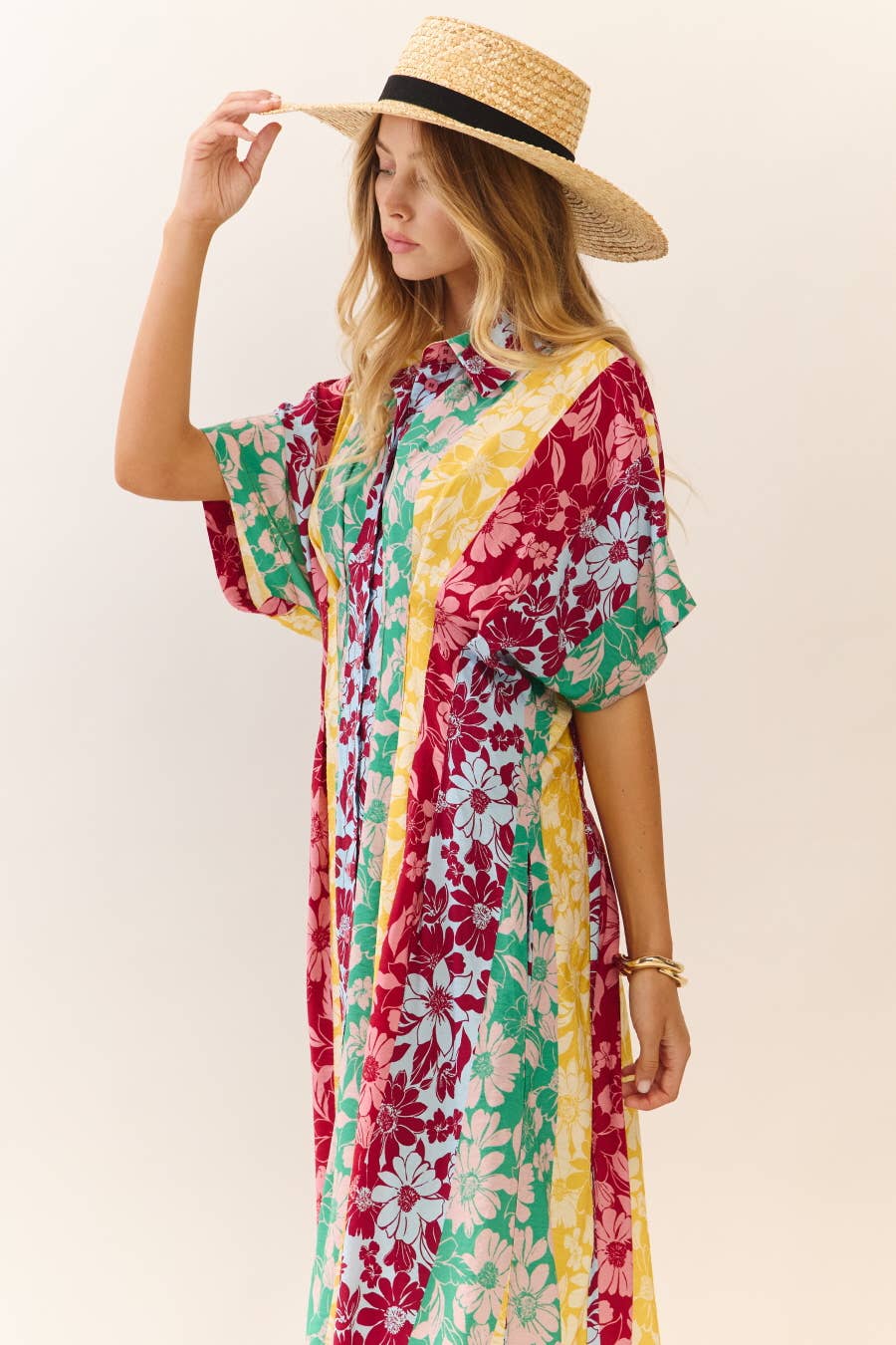 Midi Dress Modest Mixed Floral Print With Button Front Collar Relaxed Fit