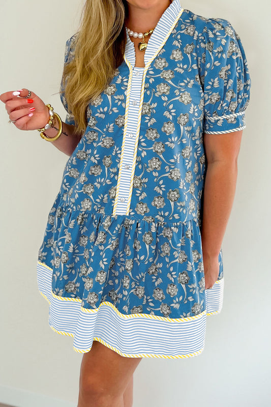 Blue Floral Print Striped Patchwork Detail Button Front Ruffle Hem Dress