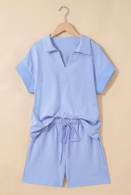 Two Piece Set The Sensory Modest Boxy Top Elastic Shorts Blue Harbor Stripe
