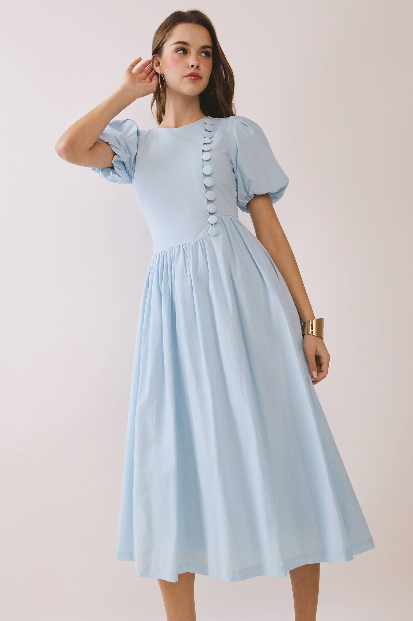 Puff Sleeve Midi Dress - The Sensory Modest Round-Neck Faux Button Front