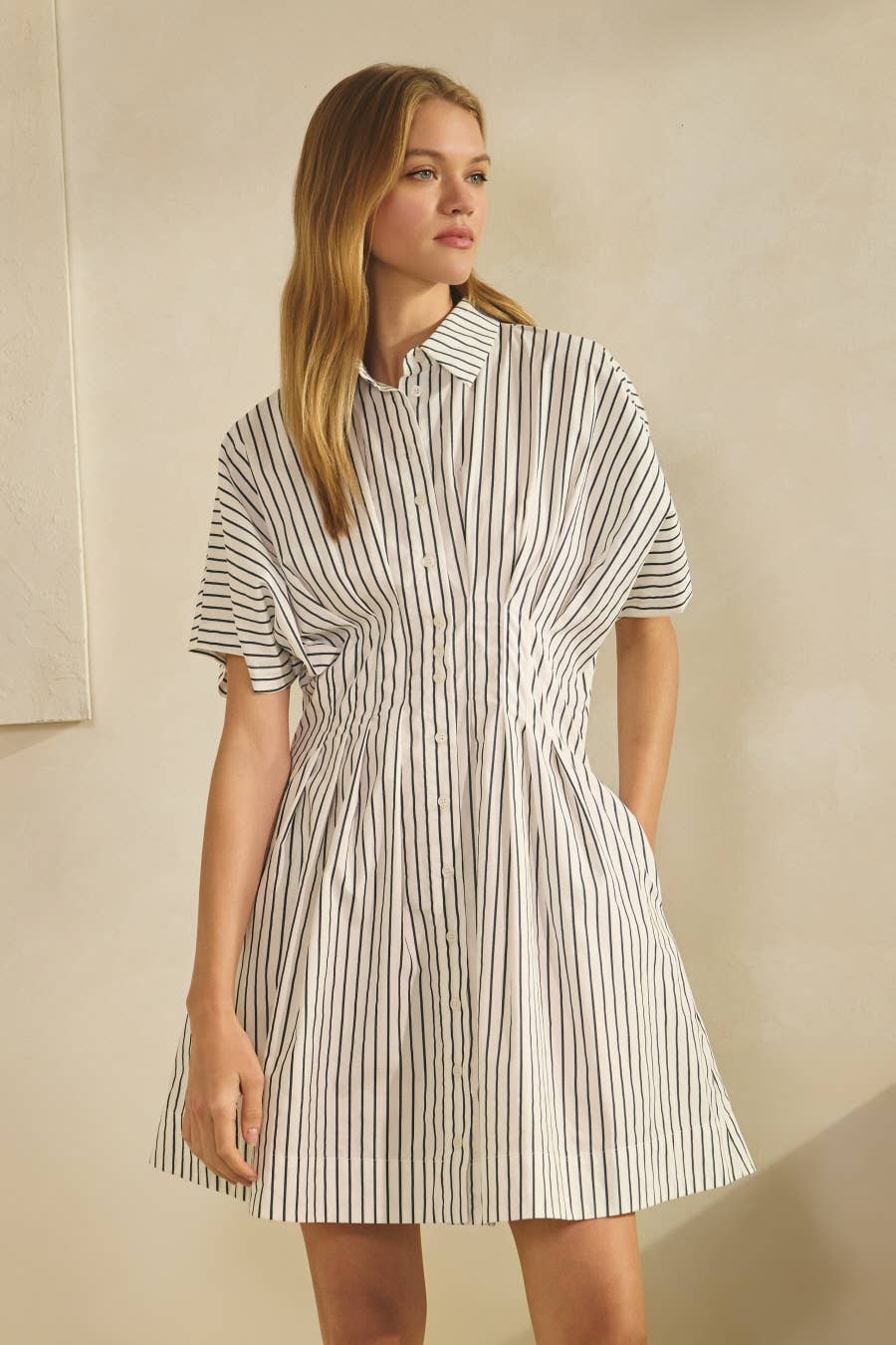 Striped Shirt Dress Cotton Cinched Waist Modest Dress Women's Boutique