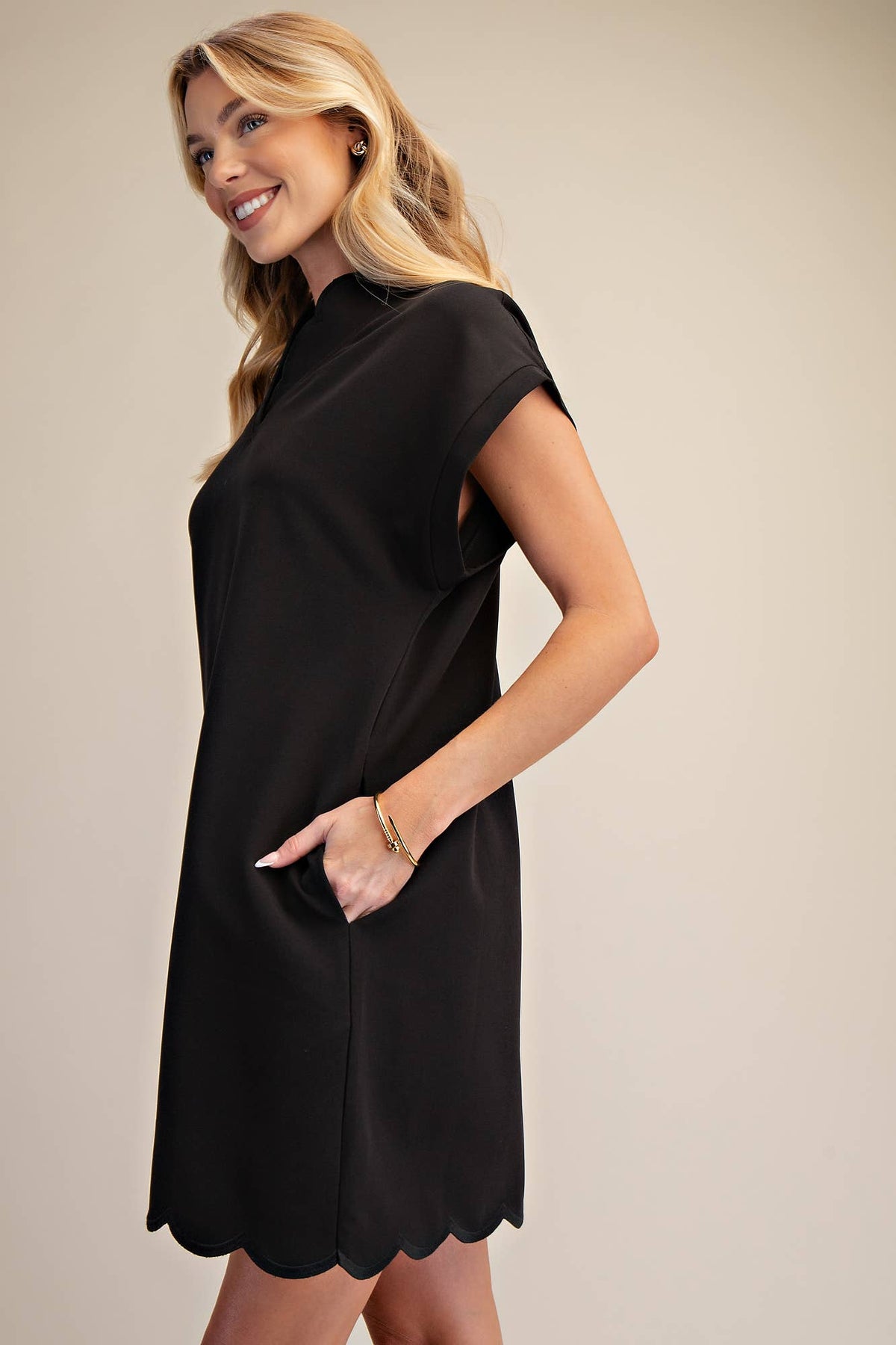 Mini Dress With Embroidered Scallop Trim V Neck And Hem Cap Sleeves - Super Cute - The Sensory