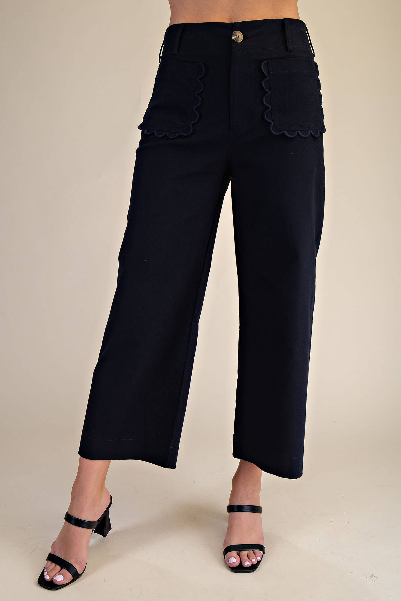 Pants Wide-Leg Cropped With Scalloped Pocket Detail Cotton Blend