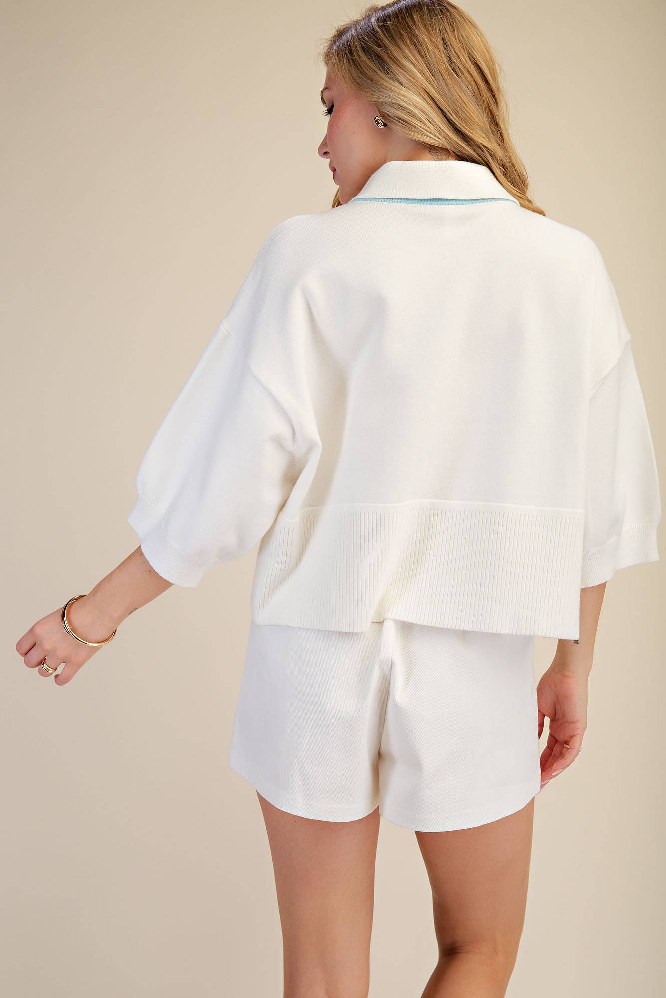 Springs Sweater With Collar And Blue Contrast Trim For Modest Look Loose Fit Dropped Shoulder