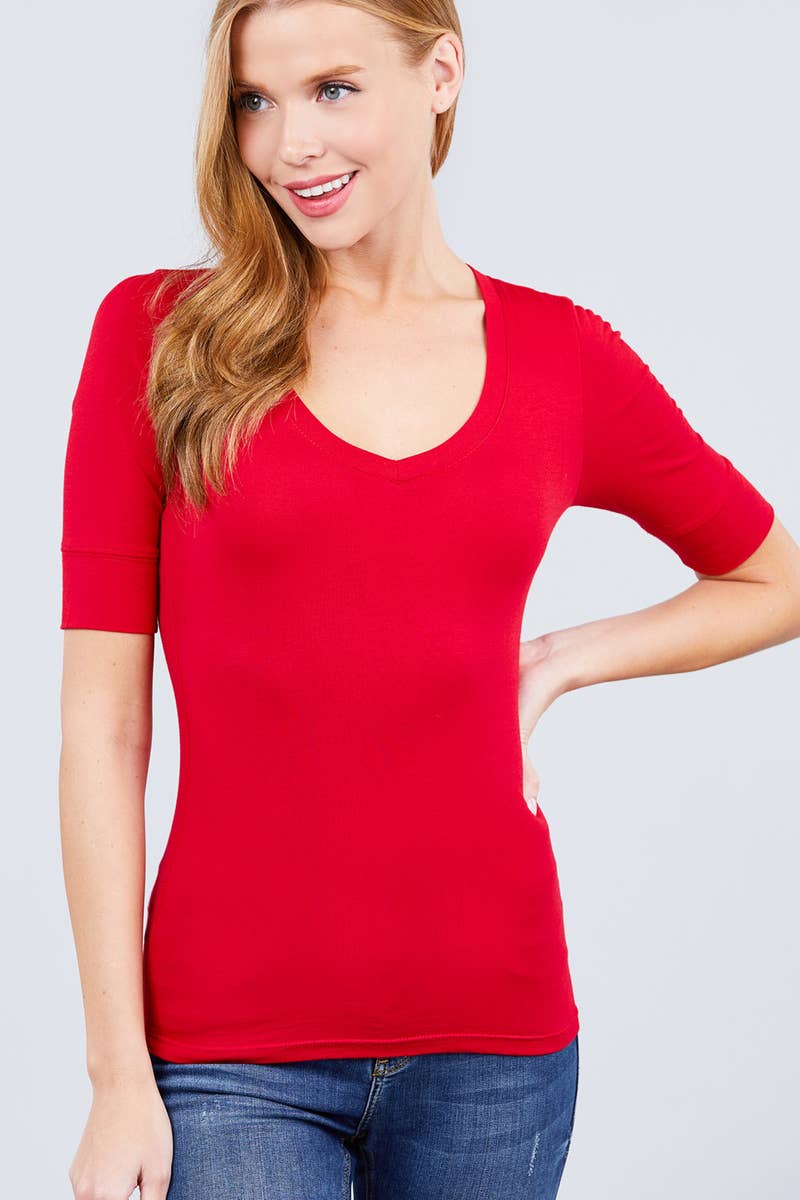 Tee Fitted Elbow Sleeve V-Neck For Women's Boutique Modest Fashion