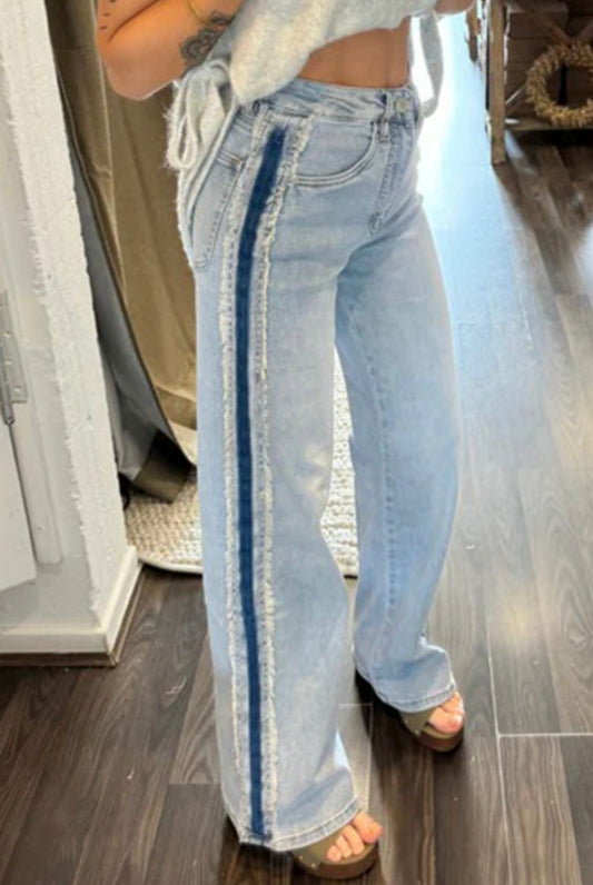 Jeans The Sensory Beau Blue Contrast Stripe Frayed Panel – Modest Fashion