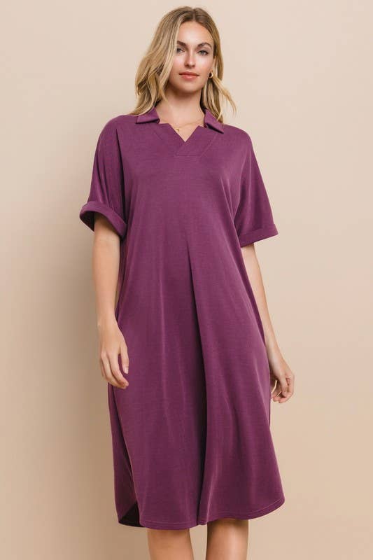 Plus Size Modest Modal Pique Knit Midi Dress With V Neck Collar