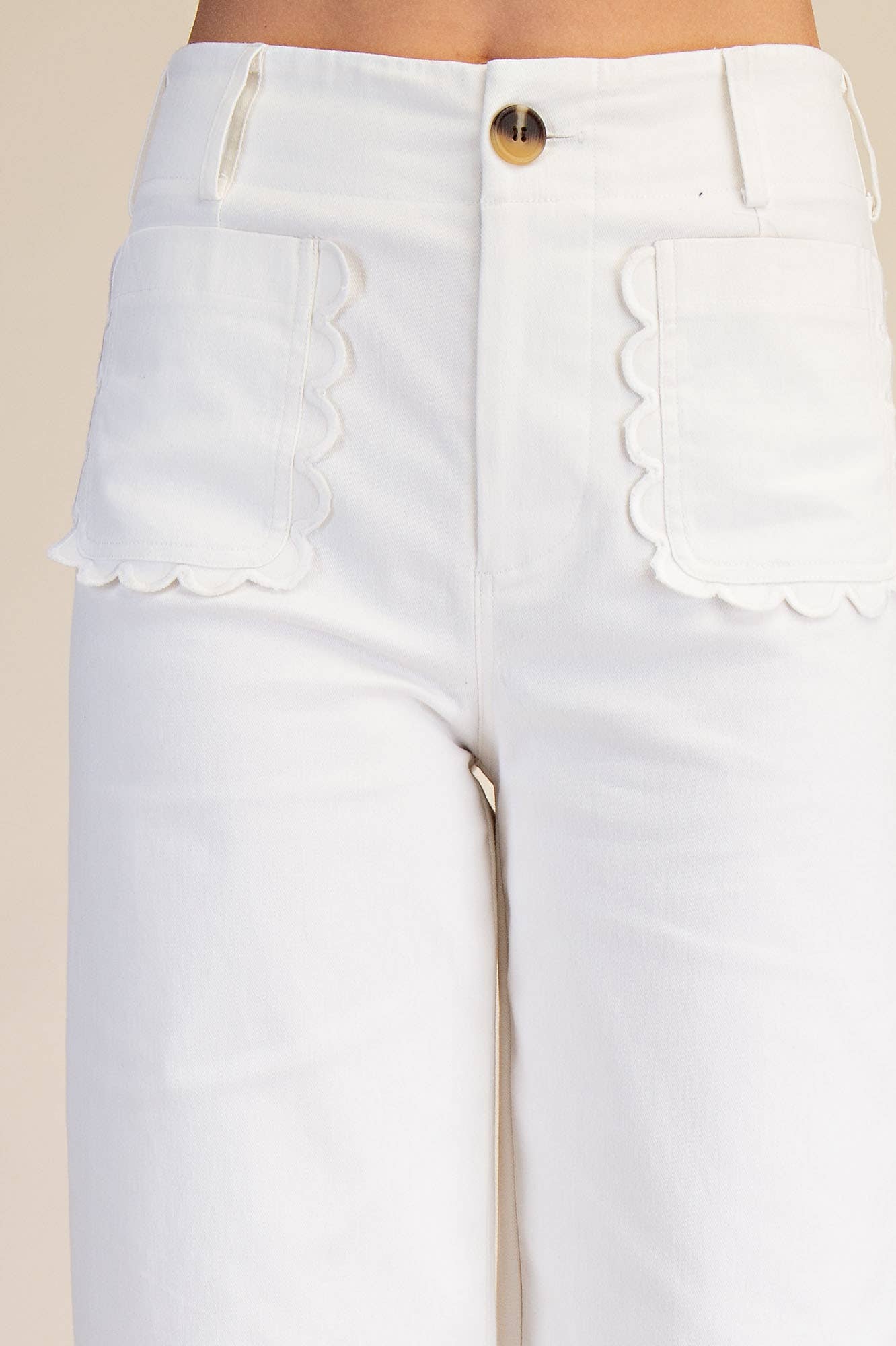 Pants Wide-Leg Cropped With Scalloped Pocket Detail Cotton Blend