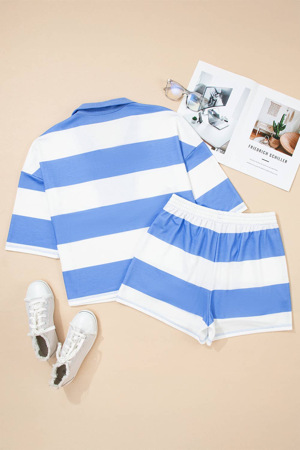 Striped Half Zip Tee And Shorts Set - Trendy & Comfy