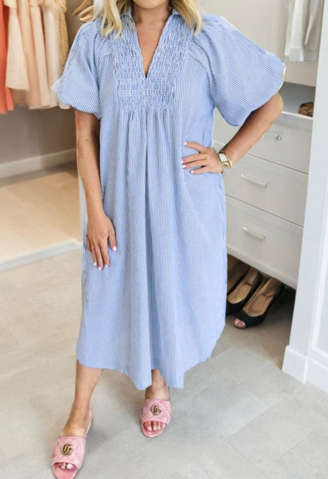 Midi Dress With Smocked Bodice - Sky Blue, Plus Size, Modest Women’s Boutique