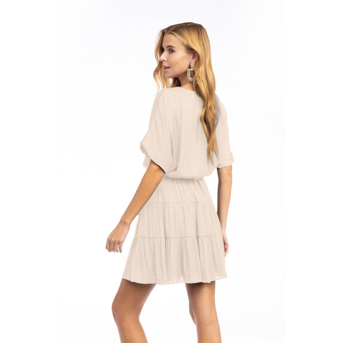 Short Sleeve Tiered Mini Dress - Front Button, Tie Waist, Little Dress