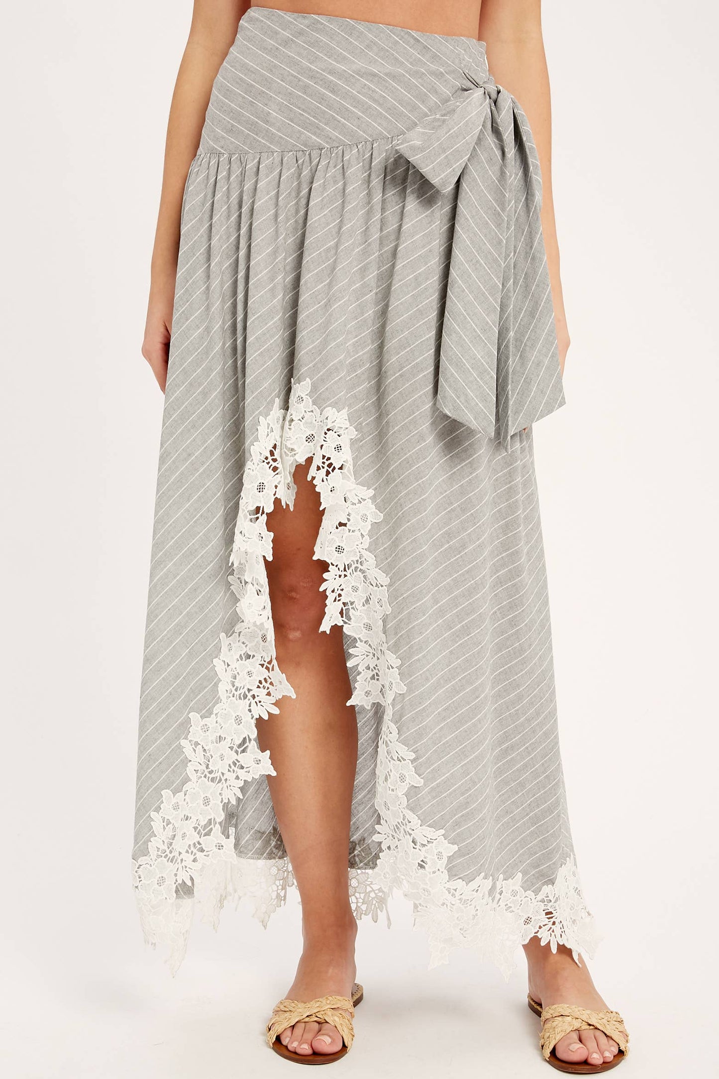 Wrap Maxi Skirt With Striped Lace Trim Fun Flirty Skirt