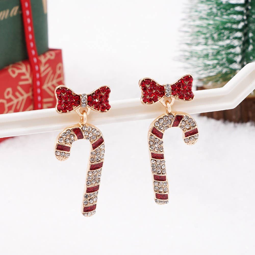 Crystal Bow & Rhinestone Candy Cane Drop Earrings | 40E558 - The Sensory