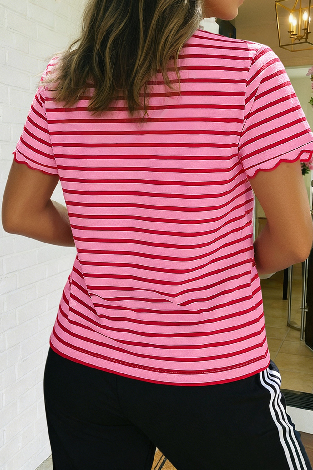 Scallop Trimmed Striped Blouse