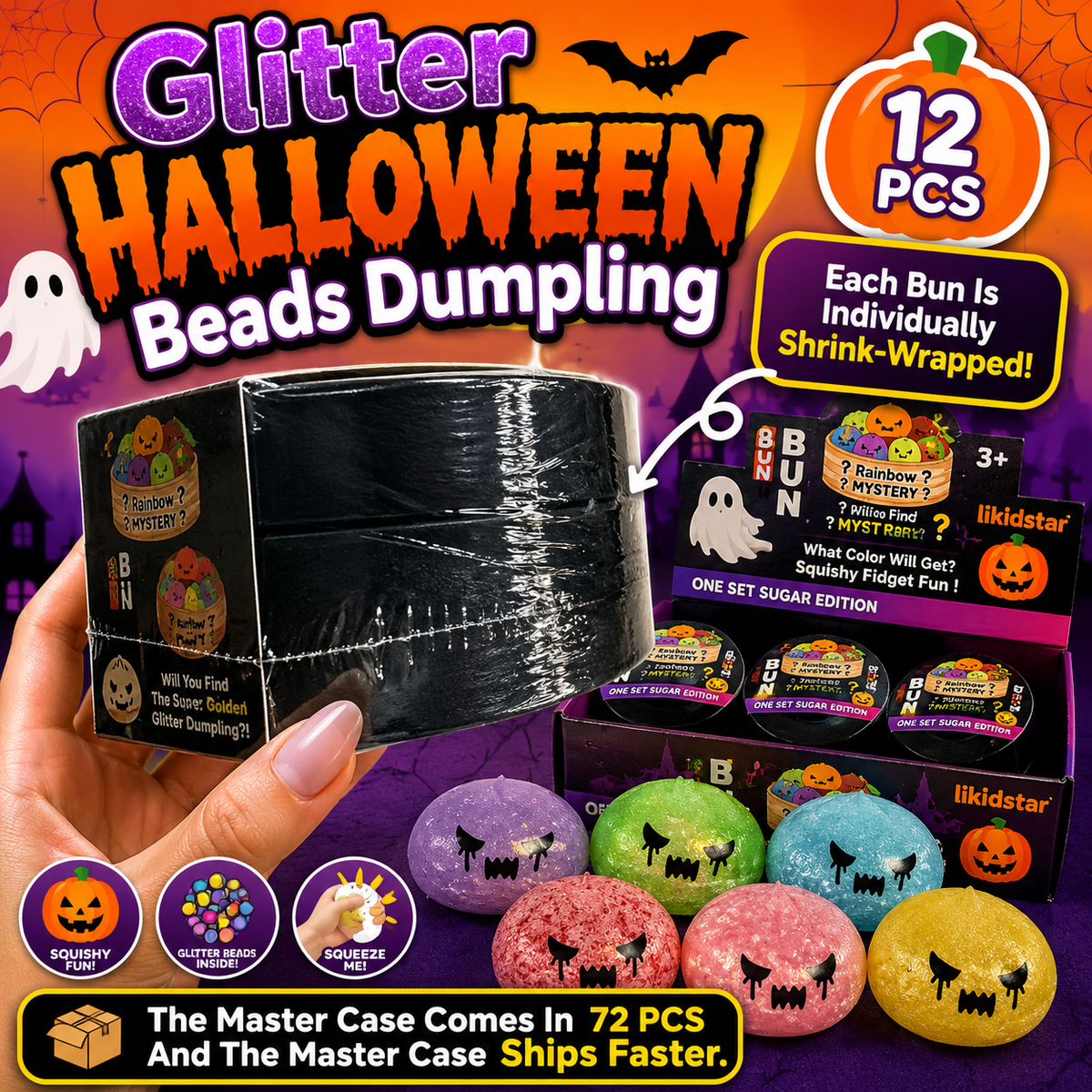 Glitter Halloween Beads Dumpling Individually Shrink-Wrapped - The Sensory