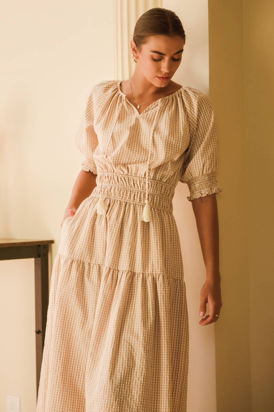 Plus Size Gingham Midi Dress With Puffed Sleeves And Smocked Cuffs