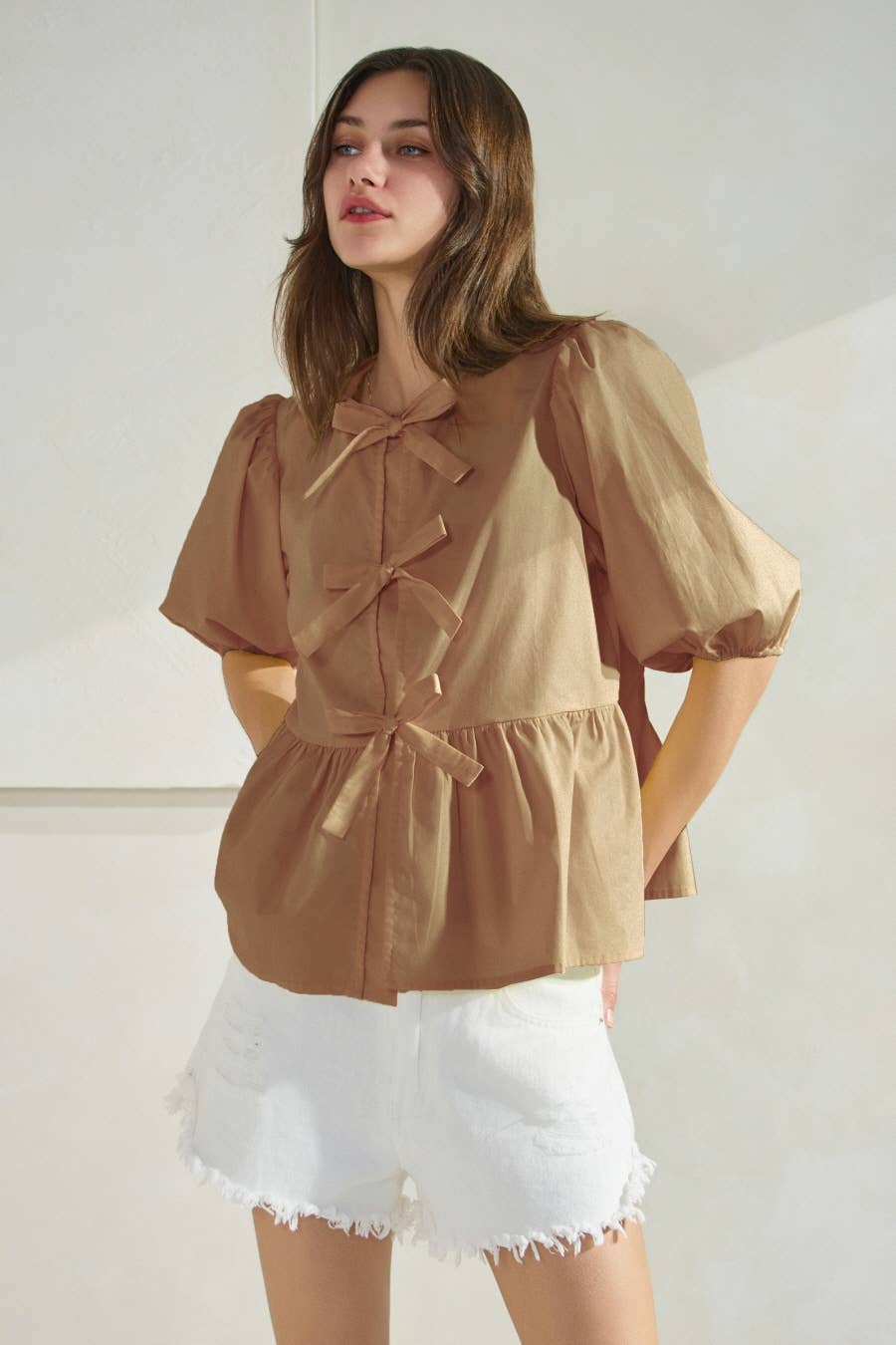 Poplin Front Tie Ribbon Peplum, Modest Puff Sleeve