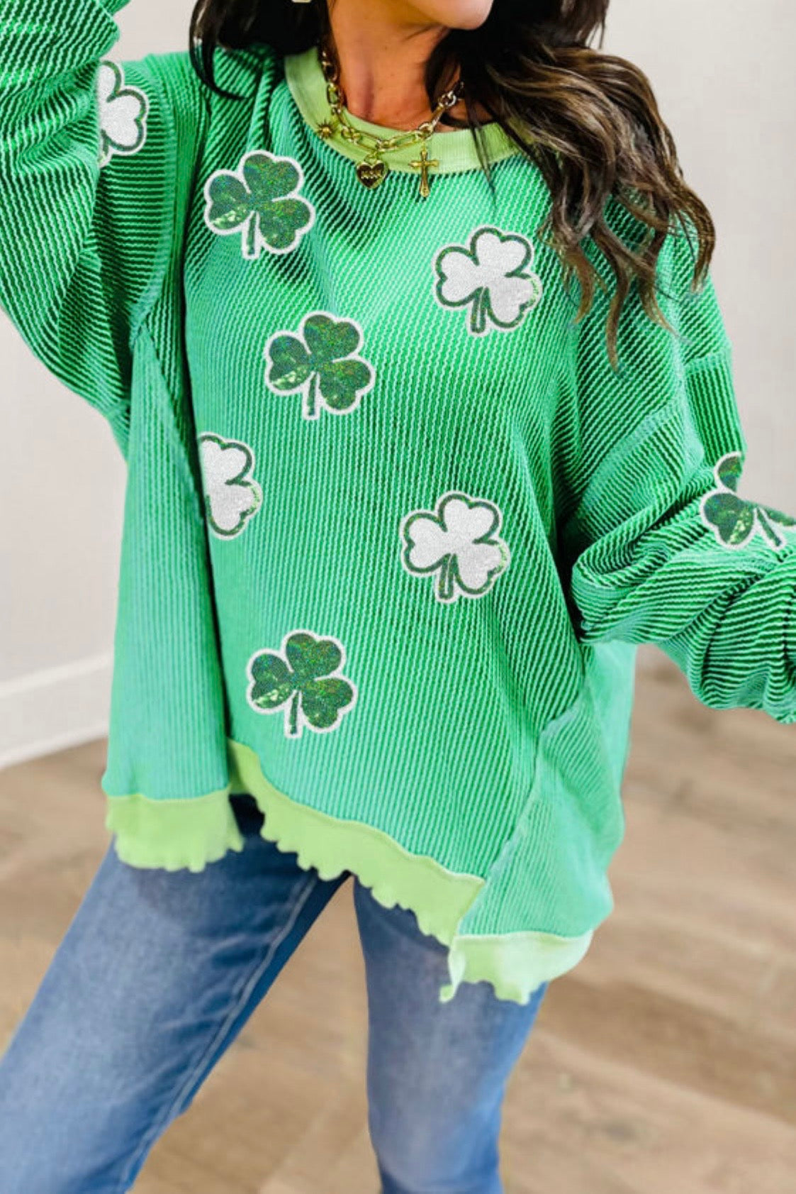 Ribbed Pullover With Sequin Clovers - 50% SALE